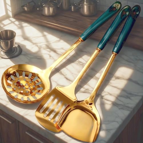 Stainless Steel Gold Kitchen Utensils Set with Holder, 7pcs Luxury Kitchen Accessories for Cooking Includes Soup Ladle, Metal Spatula, Slotted Spoon, Slotted Spatula, Pasta Spoon, Green & Gold - color: Green & Gold