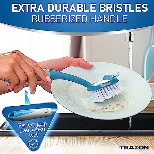 Dish Brush Set of 5 with Convenient Holder, Bottle Water Brush, Dish Scrub Brush, Scrubber Brush and Straw Brush - Kitchen Scrub Brushes Non Slip Long Handle for Sink Dishes Cup Pot - color: Blue
