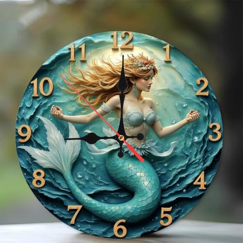 Mermaid Wall Clock Decorative Home Office Art10-Inch Wooden Wall Clock, Silent Movement, Artistic Home Decor - color: Mermaid, size: 10x10inch(25x25cm)
