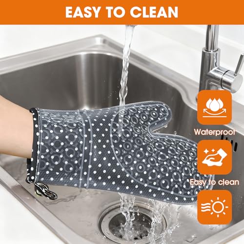 Silicone Oven Mitts Set Heat Resistant 2PCS Kitchen Mittens with Soft Cotton Lining Long Waterproof Non-Slip Oven Gloves for Cooking, BBQ, Baking - color: Black