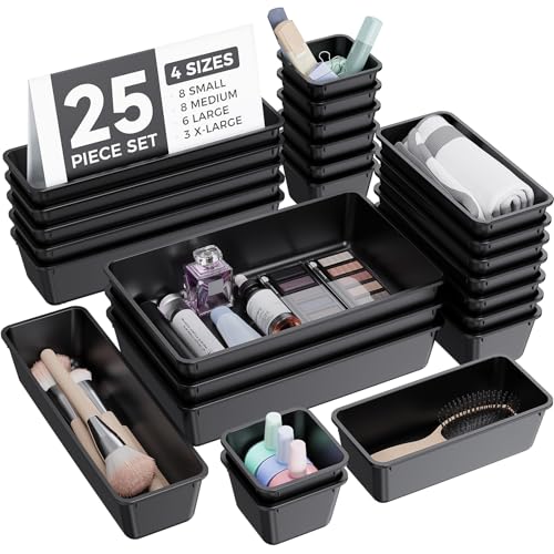 BiuLeon 25 PCS Plastic Drawer Organizers Set, 4-Sizes Vanity and Makeup Organizer, Desk and bathroom Drawer Organizer Trays, Organizers and Storage for Makeup, Jewelry, Gadgets, Utensils (Black) - color: Black