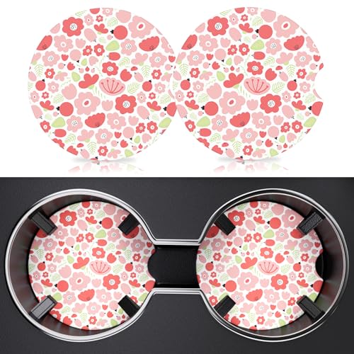2 Pack Car Cup Holder Coaster, 2.63 inch Anti Slip Insert Absorbent Ceramic Coaster with Cork Base and Finger Notch, Cute Car Accessories Interior for Women - color: Red Flowers