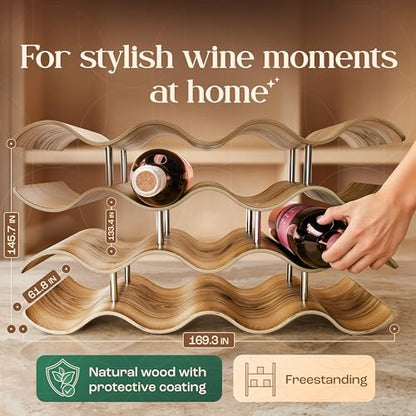 Wooden Wine Rack 14 Bottles Countertop | Freestanding Natural Wood Bottle Holder | Modern, Decorative & Space-Saving | Slim & Compact Design | 4 Tiers (16,9 x 14,6, x 6,2 in) - size: 14 Bottles