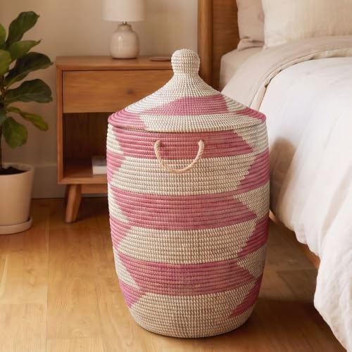 Large Decorative Wicker Storage Basket with Lid, Laundry Hamper, Blanket Storage, Toys Bin, Clothes Holder, Boho Style, 18" Wide, 23" Tall (Pink White) - color: Pink White