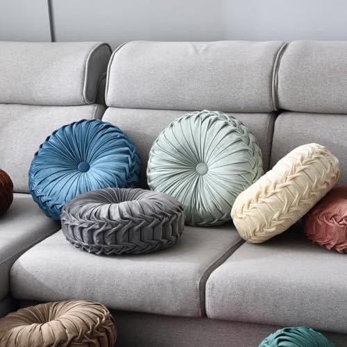 Round Throw Pillow Velvet 1 Pcs 14.17" Home Decoration Pleated 3D Pumpkin Pillow Cushion for Couch Chair Bed Car (Dark Coffee)