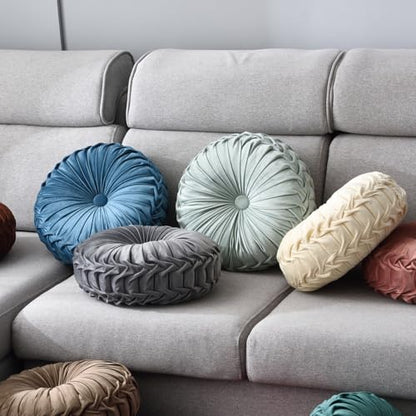 Round Throw Pillow Velvet 1 Pcs 14.17" Home Decoration Pleated 3D Pumpkin Pillow Cushion for Couch Chair Bed Car (Dark Coffee)