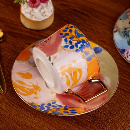 KAMMAK Tea Cups and Saucers Set of 2, Fine Bone China Coffee Cups, 569N | Stackable Espresso Mugs, Ceramic Demitasse for Coffee, Cappuccino, Latte, Americano, Tea - size: 7KPSP569N+570N