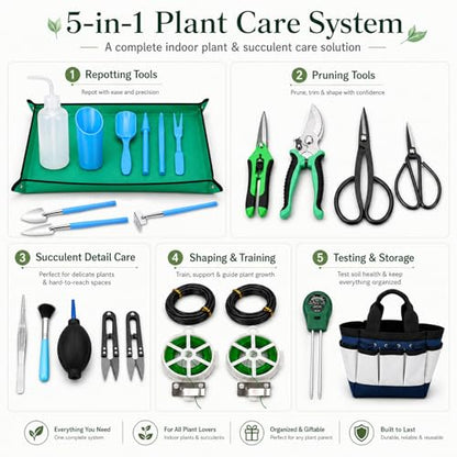 25 Pcs Succulent & Bonsai Tools Set for Beginners, Indoor Plant Care Tool Set with Repotting Mat, Organizer Tote, Soil Moisture Meter, Pruning Shears, Mini Garden Tools, Gardening Gift for Women Men