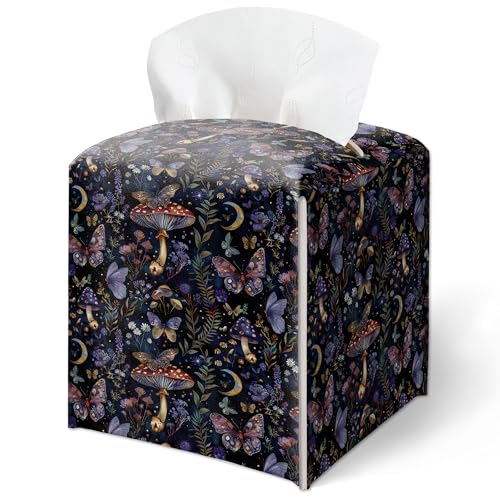 Tissue Box Cover, Dark Floral and Butterfly Pattern Tissue Box Cover Square-Waterproof Leather, Desktop Decor for Living Room Kitchen Vanity Office, Aesthetic Home Decor, Gift for Women & Friend-A23 - color: Dark Floral & Butterfly Pattern