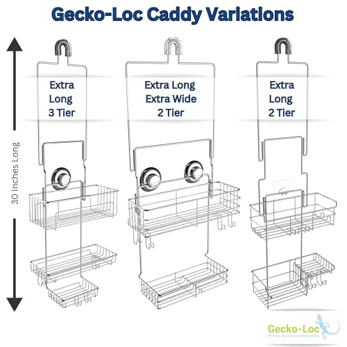 Gecko-Loc Extra-Long Adjustable Over-the-Showerhead Shower Caddy – Rustproof Stainless Steel Organizer with Suction Stabilizer, Deep Basket & Hooks – No-Drill, Tool-Free Installation (Silver) - color: Chrome