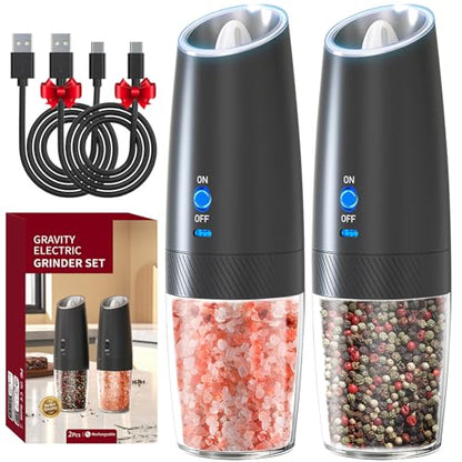 RECHARGEABLE - Gravity Electric Pepper and Salt Grinder Set, Adjustable Coarseness, With LED Light, One Hand Automatic Operation, 2 Pack-Black
