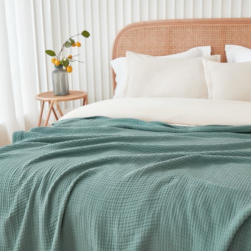 EMME Cotton Muslin King Blanket 4 Layer Ultra Soft Breathable Bed Layering Bedspread Coverlet Breathable Gauze Lightweight (Teal, 108"x90") - color: 01 - Teal, size: King (108" x 90")