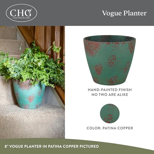 Vogue Resin Planter, Pottery Finish Garden Pot, 8” Patina Copper | Hand-Painted Finish Plant Pots, Lightweight Indoor Outdoor Planter, UV-Resistant, Great for Patio, Home & Garden Decor Accent