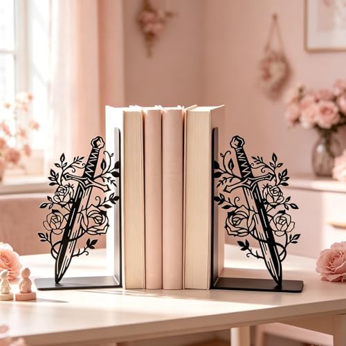 Metal Bookends Flower & Dagger Bookends Decorative Cute Book Ends for Shelves Unique Book Ends for Book Lovers Gift Reading Decor Bookshelf Decor - style: Flower & Dagger