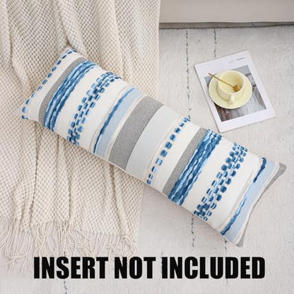 Boho Lumbar Throw Pillow Cover 14x36 Sky Blue | 1 Piece,Durable Fabric,Stripe Pillow Cover,Farmhouse Cushion Case,Chenille Pillow Case,Neutral Pillowcase for Sofa Couch Bed - color: Sky Blue Stripe, size: 36" x 14" (Pack of 1)