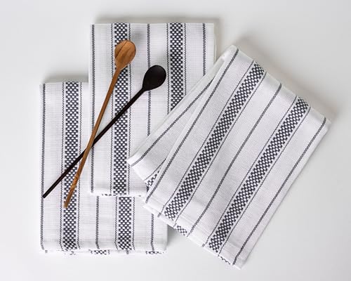 Kitchen Towels Set – Pack of 3 (20’’ x 30’’) Extra Large Premium Cotton Dish Towels for Kitchen – Chain Stripe Towels – Absorbent – 100% Cotton – with Hanging Loop – Dark Grey - color: Dark Grey Chain Striped, size: Pack of 3