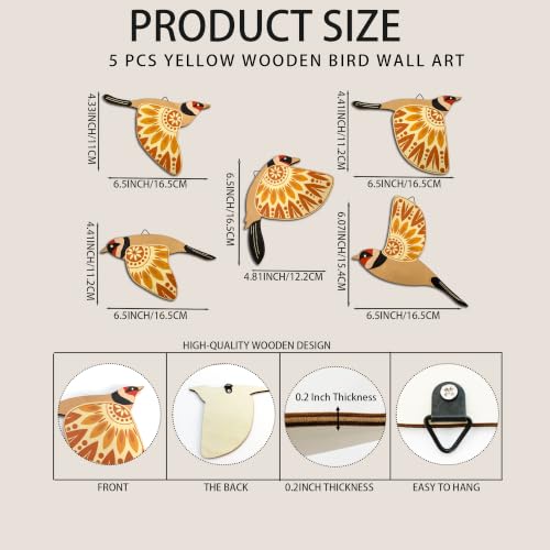 Vumyhuby 5-Piece Yellow Wooden Bird Wall Art, Rustic Folk Flying Bird Decor - color: Yellow
