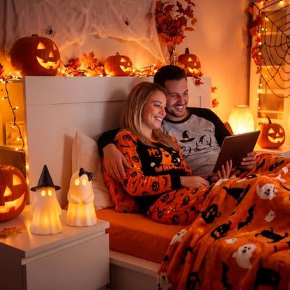 Fumete 2 Pcs Halloween Decorations - Spooky Resin Ghost Light up Cute Ghost Couple with Witch Hat and Black Bow, Halloween Indoor Figurines for Mantel, Shelf & Tabletop Home Party Decor - style: Couple Ghosts