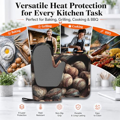 Baseball Heat-Resistant Oven Mitts and Pot Holder Kitchen Non-Slip Silicone Cooking Microwave Gloves for Cooking Baking Grilling - color: Baseball