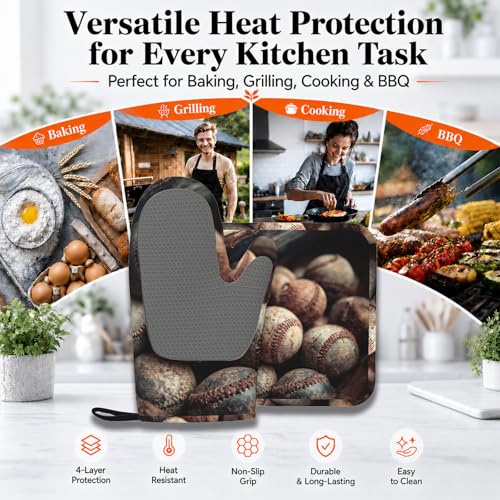 Baseball Heat-Resistant Oven Mitts and Pot Holder Kitchen Non-Slip Silicone Cooking Microwave Gloves for Cooking Baking Grilling - color: Baseball