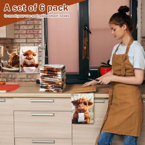 Redbaker 6 Highland Cow Kitchen Towels with Hanging Loop | Soft Absorbent Tea Dishcloths, Rustic Farmhouse Housewarming Gift for Bathroom Kitchen, Bathing Cow Themed Decor - style: Bathroom