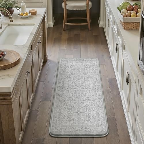 Kitchen Mats for Floor Anti Fatigue Cushioned Gray Vintage Kitchen Mats Waterproof Non Slip Comfort Standing Grey Retro Floral Runner Rug for Sink Laundry Office Bathroom 17.3"x47" - color: Accent | Grey, size: 17.3"x47"--0.4inch