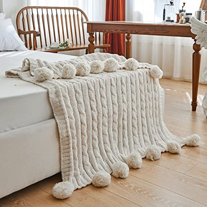 Chenille Chunky Knitted Throw Blanket with 14pcs Pom Poms Tassel Super Soft Cozy Warm Blanket for Sofa Bed Soft Couch 50 x60 inches (White)?-¡­ - color: Pom-pom-white, size: Throw 50"X60"