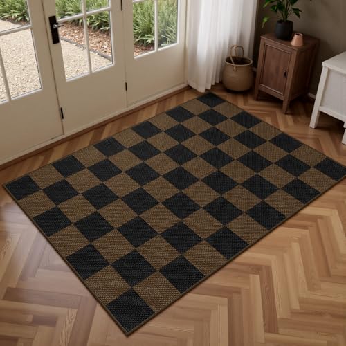 Easy Jute Checkered Entryway Rug, 2.6x4 Coffee Modern Indoor Outdoor Doormat Non-Slip Washable Kitchen Rug, Neutral Farmhouse Checkerboard Throw Rugs for Entrance Bedroom Porch Patio - color: Coffee Checkered, size: 2.6' x 4' (Rectangular)
