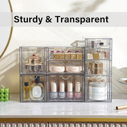 Prsildan Acrylic Drawer Makeup Organizer with 9 Drawers, Set of 3 Office Desk Organizers Accessories, Clear Stackable Storage Drawers for Vanity, Countertop, Craft, Jewelry, Art Supply Organization - size: 9 Drawers