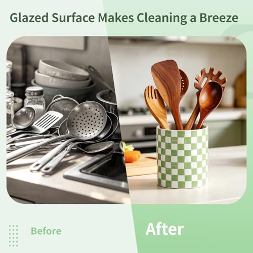 Green and White Checkered Utensil Holder, Painted Ceramic Kitchen Countertop Storage Jar with Sealed Lid, Kitchen Organizer for Spatulas & Coffee Beans, Long-Lasting & Easy Clean, Medium Size