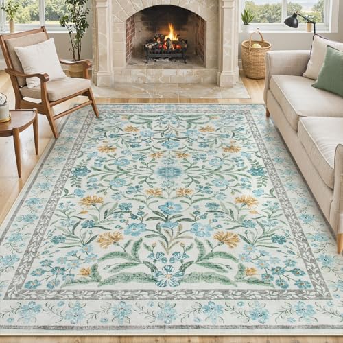 Lahome Light Blue Bedroom Rug 8x10 Under Bed, Boho Washable Rugs for Living Room Nursery, Soft Wool Vintage Low Pile Carpet for Dining Room Girls | Soft Wool Vintage Low Pile Carpet for Girls Kids Nursery Dining Room - color: Baby Blue, size: 8' x 10' (Re