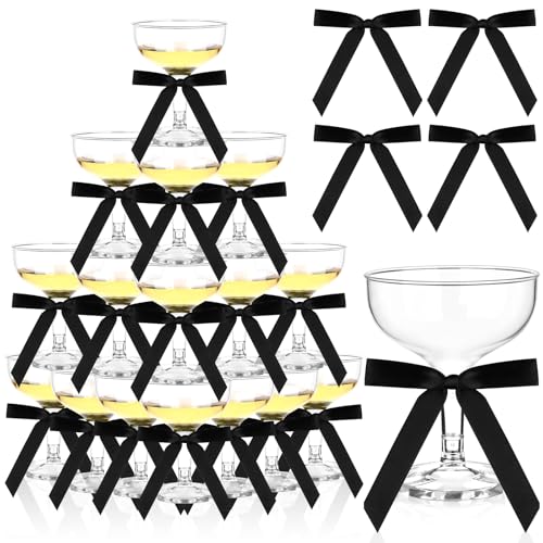 50 Sets Plastic Martini Glasses Champagne Coupe Glasses with Bow 5 oz Champagne Tower Cups Cocktail Glasswares Bulk for A Tini Bit Older Birthday Party Supplies Wedding Bar (Black) - color: Black