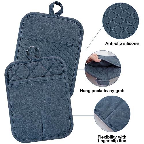 Oven Mitts and Pot Holders with Cooking Apron Set of 5, Heat Resistant Kitchen Gloves and Silicone Non-Slip Potholders, Adjustable Neck Buckle Chef Apron, Cotton Nice Design for Cooking （Navy… - color: Navy