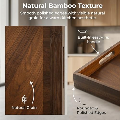 Acacia Wood Serving Tray with Handles, 17"x12" Large Rectangular Decorative Wooden Tray, Coffee Table Tray for Breakfast, Drinks, Snacks in Bed, Decorative Wooden Tray for Home