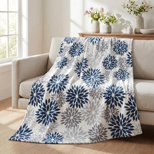 Horaldaily Dahlia Pinnata Floral Blue Silver Flannel Throw Blanket 60x80 | All Season Using Ultra Soft Fuzzy Plush Cozy Non-shedding Blanket for Couch Sofa Bed Camping, Ideal Gift for Kids Adults - color: Blue Grey Silver, size: Twin(60x80”)