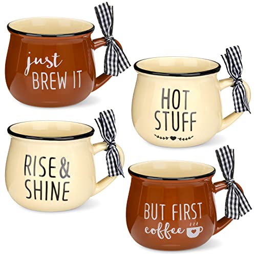 Patelai 4 Pcs Farmhouse Coffee Cups Mini Espresso Cups 5 oz Cute Mugs Set with Handle for Coffee Bar Decoration Holiday Party Gift - color: Brown, Yellow, style: Simple Style