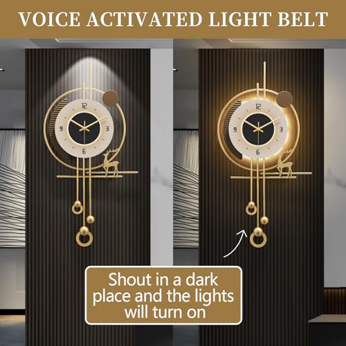 Modern Wall Clock for Living Room,Large Gold Decorative Wall Clock with Light,Creative Silent Clock Battery Operated for Kitchen/Entryway/Bedroom/Office/Dinning Room Metal Wall Decor - size: 13"Lx27"W