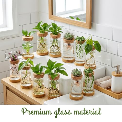 16 Pcs Propagation Vases with Bamboo Stand and Hole Lid, Glass Plant Propagation for Plants Water Hydroponic Desktop Office Home Vase Decoration(Classic Style)