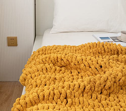 Chunky Knit Blanket Soft Chenille Yarn Knitted Throw Blanket 50"X60" Handmade Cable Warm Thick Giant Blanket for Couch Bed Trips (Turmeric Yellow, Throw 50"X60")?-¡­ - color: Turmeric Yellow, size: Throw 50"X60"