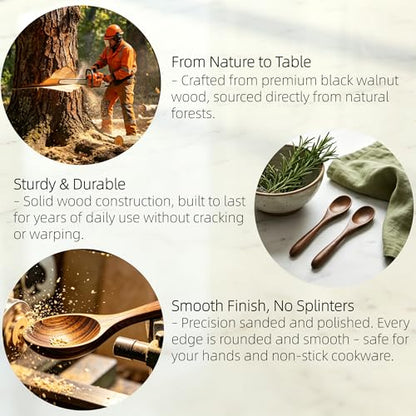 5 Pcs Black Walnut Wooden Spoons Set, Natural Wood Cooking Spoon Non Toxic Kitchen Utensils for Mixing Salad, Stirring Coffee, Eating Dessert and Soup, Serving Cookware Walnut Kitchen Accessories
