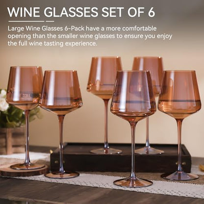 Brown Wine Glasses Set of 6,18oz Dark Amber Wine Glassware Gift Set for Party Brown Hand Blown Glass Drinkware for Red White Wine gifts set for wine lovers - color: Dark Amber