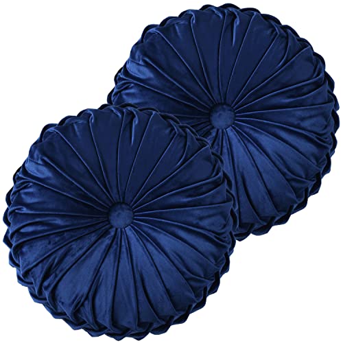 HIG Set of 2 Navy Velvet Decorative Round Pleated Throw Pillows | Vintage Floor Pillows, Classy Accent Pumpkin with Center Button, for Sofa Couch Vanity Chair Bed, 14.5" Diameter - color: Navy