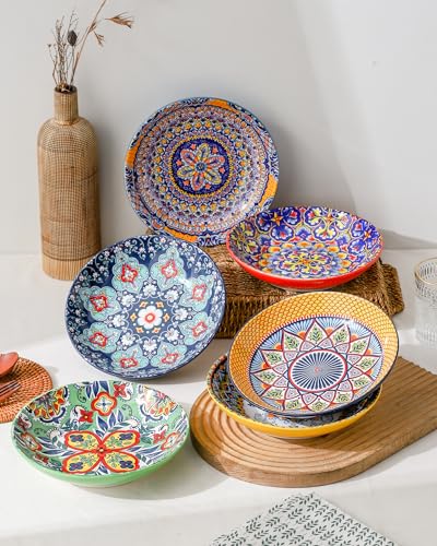 HENXFEN LEAD Boho Pasta Bowls Set of 6, 26 oz Wide Shallow Ceramic Bowls | Assorted Patterns, Ideal for Pasta, Salad, Soup, Risotto and Everyday Meals, Microwave and Dishwasher Safe - size: 26 Oz