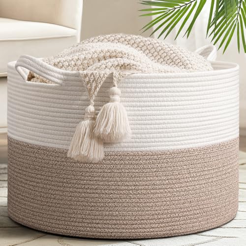 Goodpick 65L Large Woven Rope Basket for Blankets Living Room, 65L | 19.7 x 19.7 x 12.6 In Woven Basket for Storage, Kids Toy Storage for Playroom, Laundry Basket for Towels, Light Brown - color: Light Brown, size: 19.7x19.7x12.6 Inch (Pack of 1)