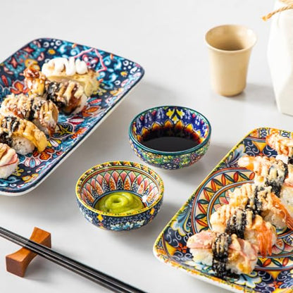 vancasso SIMI 2.7 Oz Ceramic Dipping Bowls Set of 6, Bohemian Sauce Bowls | For Soy Sauce, Sushi, Dips, and Condiments, Microwave and Dishwasher Safe, 3 Inch Mini Dishes, Bohemian Design