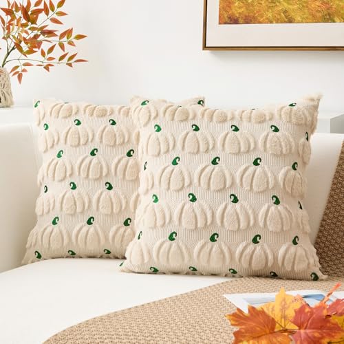 Kevin Textile Fall Pumpkins Pillow Covers 18x18 Inch Set of 2 Autumn Embroidery Decorative Square Pillowcases Soft Faux Fur Cushions Harvest Gift for Couch Sofa Chair Bedroom Halloween, Beige - color: Beige Pumpkin, size: 18" x 18" (Pack of 2)