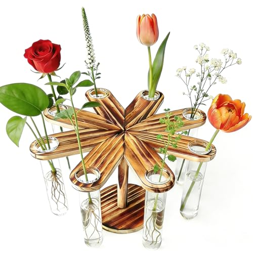 Plant Terrarium Propagation Stations, Clear Glass Flower Vases, Wooden Stand Retro, Hydroponics for Home Office Decoration, Dining Table Centerpiece - 8 Glass Tubes Vases