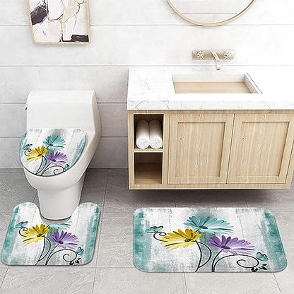 Rustic Farmhouse Bath Mat Set, Farm Teal Daisy Floral Flowers and Butterfly on Country Wooden Bathroom Mat Set with Non-Slip Bath Rug, Soft Toilet Lid Cover and Contour Mat, Turquoise - color: Teal-2