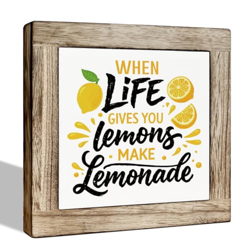 Wooden Lemon Decor Sign, "When Life Gives You Lemons Make Lemonade,", Rustic Inspirational Sign for Desk Shelf, Kitchen, Home Bar, Desk, and Shelf – Motivational Home Décor - color: Summer 15