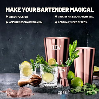 IOV Boston Cocktail Shaker Bar Set, Bartender Kit Drink Mixer Set with 18 oz & 28 oz Boston Shakers, Hawthorne Strainer, Double Jigger, Bar Tool Kit and Recipe Booklet - Rose Gold - color: 3 Pcs - Rose Gold